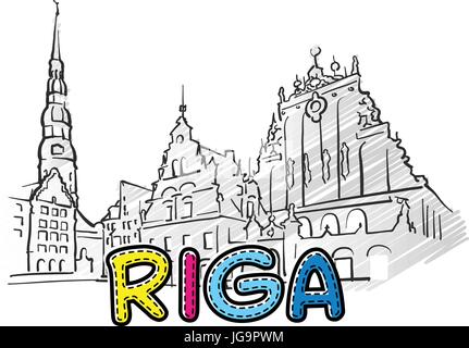 Riga schöne skizzierte Ikone, Famaous handgezeichneten Wahrzeichen, Stadt Name Schriftzug, Vektor-illustration Stock Vektor