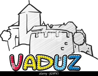 Vaduz schöne skizzierte Ikone, Famaous handgezeichneten Wahrzeichen, Stadt Name Schriftzug, Vektor-illustration Stock Vektor