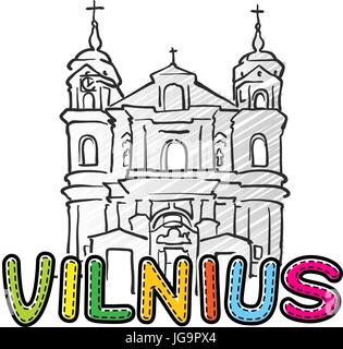 Vilnius schöne skizzierte Ikone, Famaous handgezeichneten Wahrzeichen, Stadt Name Schriftzug, Vektor-illustration Stock Vektor