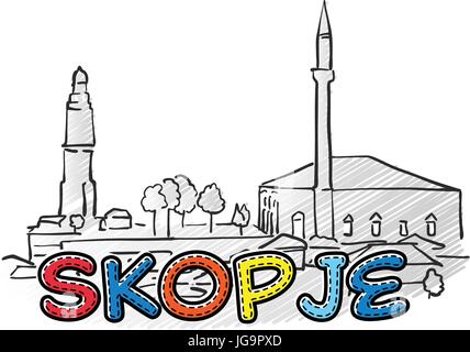 Skopje schöne skizzierte Ikone, Famaous handgezeichneten Wahrzeichen, Stadt Name Schriftzug, Vektor-illustration Stock Vektor