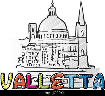 Valetta schöne skizzierte Ikone, Famaous handgezeichneten Wahrzeichen, Stadt Name Schriftzug, Vektor-illustration Stock Vektor