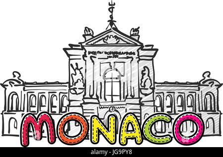 Monaco schöne skizzierte Ikone, Famaous handgezeichneten Wahrzeichen, Stadt Name Schriftzug, Vektor-illustration Stock Vektor