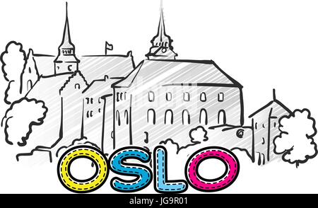 Oslo schöne skizzierte Ikone, Famaous handgezeichneten Wahrzeichen, Stadt Name Schriftzug, Vektor-illustration Stock Vektor