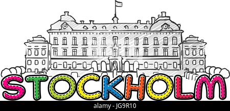 Stockholm schöne skizzierte Ikone, Famaous handgezeichneten Wahrzeichen, Stadt Name Schriftzug, Vektor-illustration Stock Vektor