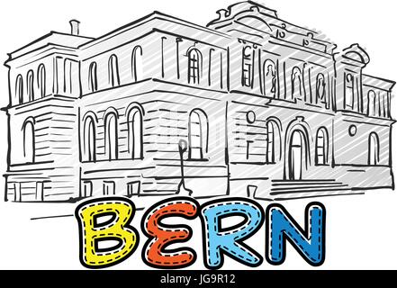 Schöne Bern skizzierte Famaous handgezeichneten Wahrzeichen, Stadt Name Schriftzug, Symbol, Vektor-illustration Stock Vektor