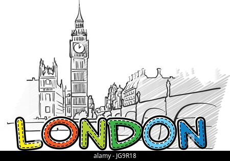 Schöne London skizzierte Ikone, Famaous handgezeichneten Wahrzeichen, Stadt Name Schriftzug, Vektor-illustration Stock Vektor