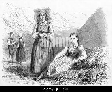 Alte Darstellung der Hardanger Frauen in traditionellen Kostümen, Norwegen. Erstellt von Saint-Blaise, veröffentlicht am Le Tour du Monde, Paris, 1861 Stockfoto