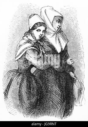 Zwei norwegische Frauen umarmen von hinten, Kopftuch und lange Kleidung angezogen. Alte graue Ton Radierung Stil Kunst von nicht identifizierten Autor, 1861 Stockfoto