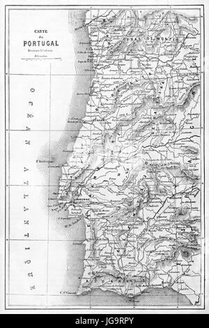 Vertikal orientierte alte topografische Karte von Portugal. Antikes Grauton Radierung Stil Kunst von Erhard und Bonaparte, veröffentlicht auf Le Tour du Monde, Paris Stockfoto