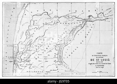 Schwarz-weiß rechteckige horizontal orientierte alte topographische Saint Louis Region Karte, Senegal. Alte graue Ton Radierung Stil Kunst von Blanchard 1861 Stockfoto