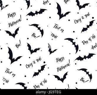 Vector Seamless Pattern Fledermaus auf weiß. Schwarze Silhouette Halloween Urlaub Kachel mit Inschriften Süßes oder Saures boo glücklich Textur für Geschenkpapier Stock Vektor