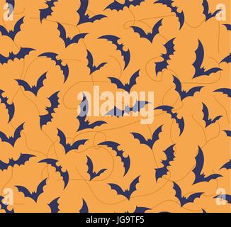 Vector Seamless Pattern Fledermaus auf hellen orange Hintergrund mit Zweigen. Schöne Silhouette Halloween Urlaub dekorative, festliche, lustige Fliese textu Stock Vektor