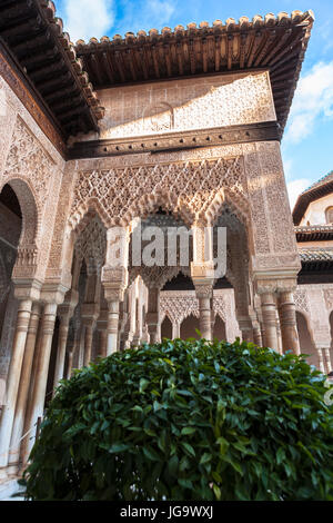 Patio de Los Leones (Hof der Löwen), Palacios Nazaríes, La Alhambra, Granada, Andalusien, Spanien: Eingang Pavillon Sala de Los Mocárabes Stockfoto