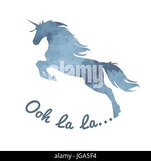 Einhorn. Aquarell, romantisch, blau-graue Farbe Einhorn Silhouette mit einer Ooh la la Inschrift auf einem weißen Hintergrund Stock Vektor