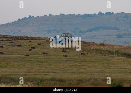 Ernte Heu Traktor arbeiten am Feld machen Heuhaufen, Plana Berg, Bulgarien Stockfoto