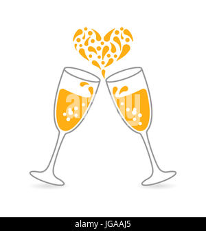 Abbildung Weingläser von Champagner und Farbtupfer in Form Herz für Happy Valentines Day. Platz für Ihren Text. Minimale Konzept- Stockfoto