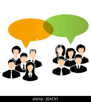 Abbildung Ikonen der Unternehmensgruppen teilen Sie Ihre Meinungen, Dialoge Sprechblasen- Stockfoto