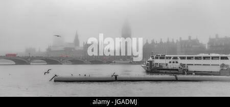 London Themse und Westminster Stadtbild an einem nebligen Winter Stockfoto