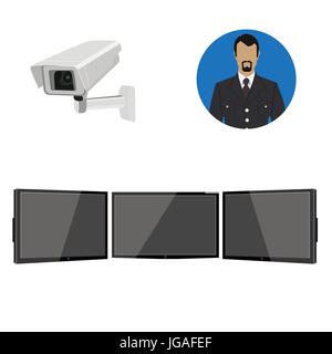 Vektor-Illustration Sicherheit System Operator, Monitore und Kamera-Icon-Set. Sicherheitsdienst Stock Vektor