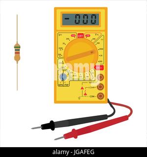 Vektor-Illustration elektrische Digitalmultimeter und Widerstand, Transistor-Symbol. Elektrische Messgerät. Spannung Stock Vektor
