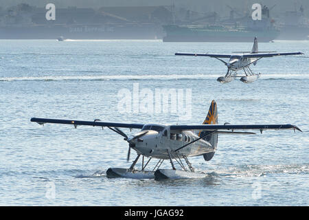 Harbour Air Wasserflugzeuge Turbo Otter Wasserflugzeug, Landung In Vancouver Harbour, British Columbia, Kanada. Stockfoto