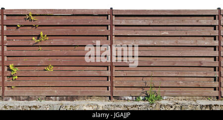 Fragment einer soliden Holz braun Zaun zu Pflanzen und die konkrete Basis. Isoliert auf Top sonnige Sommer Tag Bild Stockfoto