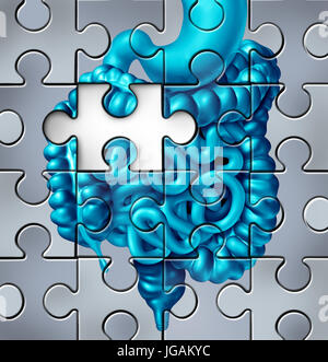 Menschliche Verdauung Puzzle und Verdauungssystem Chirurgie als Darm Anatomie mit einem Puzzleteil fehlt als ein medizinisches Konzept für Darm-Probleme. Stockfoto