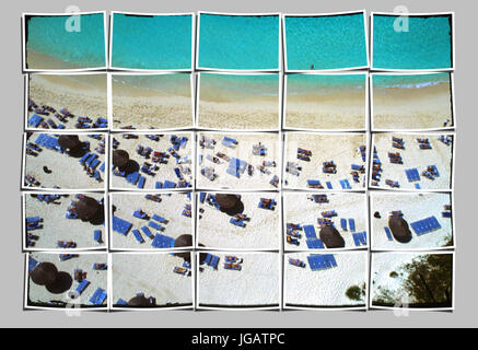 Vogelperspektive von Strand mit Liegestühle, Sonnenschirme Stockfoto