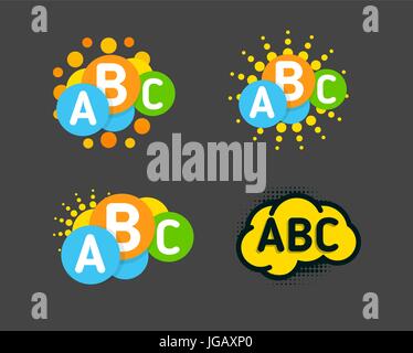 Kreative Kinder bunte Gehirn mit Abc Zeichen und orangefarbene Sonne. Vektor isoliert-Logo. Stock Vektor