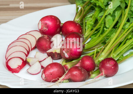 Leckere Radieschen auf weißen Teller. Bio-Lebensmittel. Ansicht von oben. Das Konzept der gesunden Ernährung und Vegetarismus. Stockfoto