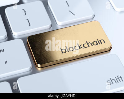 Goldene Blockchain Dienst Schaltfläche "unterschreiben" auf weißen Computertastatur. 3D Rendering-Konzept Stockfoto