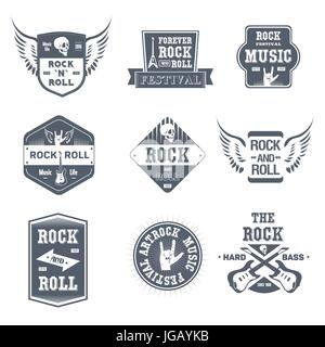 Rockmusik - Vektor-Set von Vintage Vorlage Logo Abzeichen. Alte Mode-Stil-Embleme, Abzeichen des Rock ' n ' roll Festival, harte Bass, Rock And Roll. Appar Stock Vektor