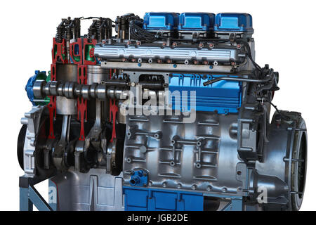 Kfz Auto LKW Motor gesägte gesplittet Schnitt in einem halben. manuelle Kfz Zylinder Block und Auto Kolben Querschnittansicht im Motor. für educationa Stockfoto