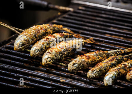 Frisch gegrillte Sardinen vom Grill, Portugal Stockfoto