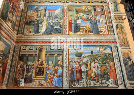 Leben des heiligen Augustinus, Apsis Fresken von Benozzo Gozzoli (AD 1464-1465), Kirche des heiligen Augustinus, San Gimignano, Toskana, Italien Stockfoto