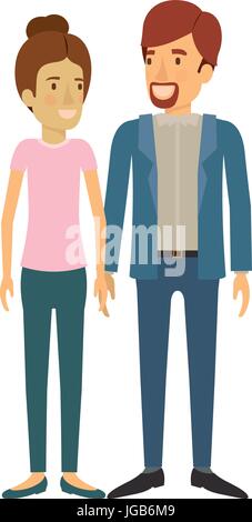 farbenfrohe Silhouette von Mann und Frau stehen und ihr mit hellbraune Haare gesammelt und ihn in Freizeitkleidung und Bart van dyke Stock Vektor