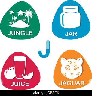 Niedliche Alphabet in Vektor. J-Brief für Dschungel, Glas, Saft und Jaguar. Stock Vektor