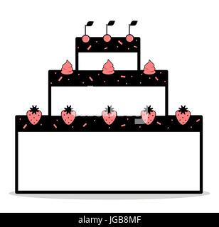 Abstrakte cartoon schwarz weiß rosa Kuchen mit Erdbeeren, Kirschen und Sahne Vector Illustration Stock Vektor