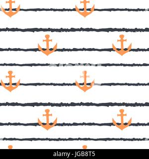 Süße orange Anker auf Blau grunge Streifen nahtlose Vektor Muster hintergrund abbildung Stock Vektor