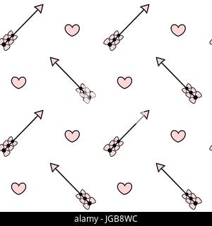 Schwarz Weiß Rosa Nahtlose vektor Muster Hintergrund Abbildung mit Pfeil mit Bogen und Herz Stock Vektor