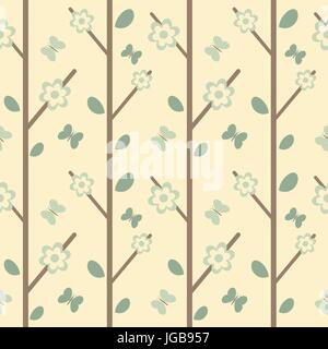 Cute Ast mit Blätter Blumen und Schmetterlingen nahtlose Vektor Muster hintergrund abbildung Stock Vektor