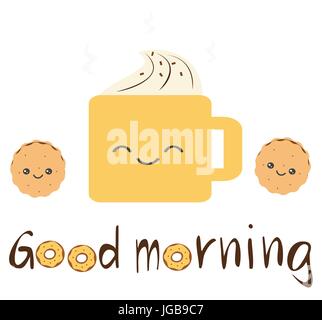 Cute Vector guten Morgen Zitat mit cartoon Plätzchen, Kaffee mit Schlagsahne und Donuts Stock Vektor