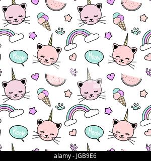 Süße bunte nahtlose Vektor Muster Hintergrund Abbildung mit Einhorn Katzen, Regenbogen, Sprechblase, Eis, Sterne, Herzen und Pfoten Stock Vektor