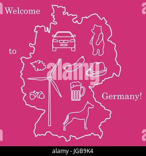 Vector Illustration mit verschiedenen Symbolen in Deutschland. Reisen und Freizeit. Design für Banner, Poster oder Drucken. Stock Vektor