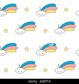 Cute cartoon Einhorn Wolken mit Regenbogen lustige nahtlose Vektor Muster hintergrund abbildung Stock Vektor