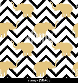 Elefant gold Silhouette auf abstrakte schwarz Chevron Muster nahtlose Hintergrund illustration Stock Vektor