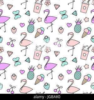 Süße bunte nahtlose Vektor Muster Hintergrund Abbildung mit Ananas, Flamingos, Kirschen, Eis, Sterne, Herzen, Schmetterlinge, strawberrie Stock Vektor