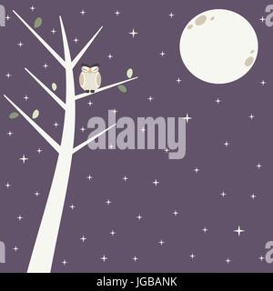 Cute Eule auf Ast in der sternenklaren Nacht mit schönen Mond vector hintergrund abbildung Stock Vektor