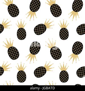 schwarz weißes Gold nahtlose Muster Hintergrund Vektorgrafik mit Ananas Stock Vektor