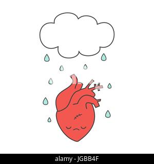 Cute cartoon traurige menschliche Herz und Wolke mit Regen vektor Konzept Abbildung Stock Vektor